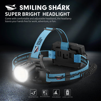 Smiling Shark K808 Super Bright 6000 Lumens Led Headlamp  8400mAh Battery Long Last Zoomable 3 Modes USB Rechargeable Waterproof LED Headlamp for Camping/Hiking