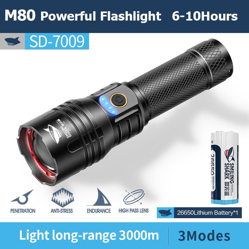 Smiling Shark -SD7009 Flashlight 12000 Lumens Type-C Rechargeable Flashlight Lighting Torch 3 modes Zoomable Waterproof Light With Power Bank Function