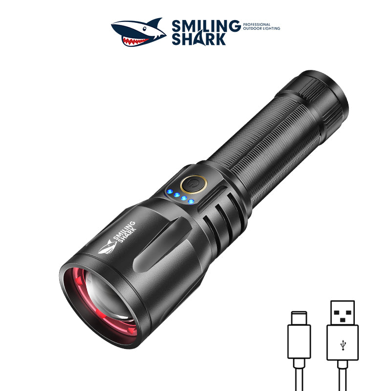 Smiling Shark SD-7008 Flashlight 12000 lumens Torches Rechargeable Type-C Rechargeable 3 modes Zoomable Waterproof With Power Bank Function