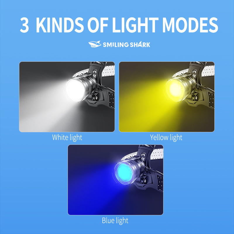 Smiling Shark 6000LM LED Headlamp 3-Color White/Yellow/Blue Modes Rechargeable Zoom Headlight-0157C