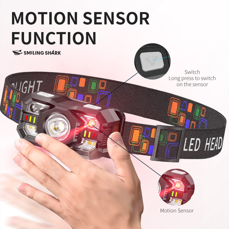 Smiling Shark 0168D 2000LM Sensor Headlamp Red /White Light, USB-C Rechargeable Waterproof Headlight