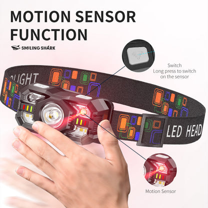 Smiling Shark 0168D 2000LM Sensor Headlamp Red /White Light, USB-C Rechargeable Waterproof Headlight