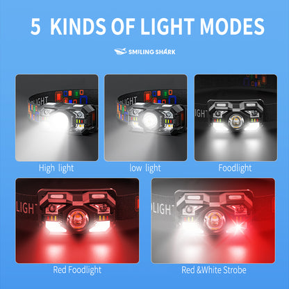 Smiling Shark 0168D 2000LM Sensor Headlamp Red /White Light, USB-C Rechargeable Waterproof Headlight