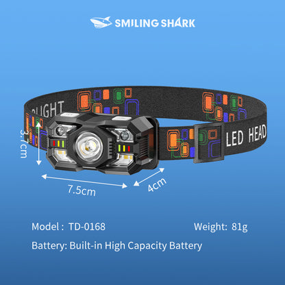 Smiling Shark 0168D 2000LM Sensor Headlamp Red /White Light, USB-C Rechargeable Waterproof Headlight