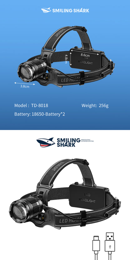 Smiling Shark TD8018C led Headlight 6000 Lumens Headlamp Super Bright Yellow light Zoomable Type-C Rechargeable Waterproof for outdoor Camping Fishing
