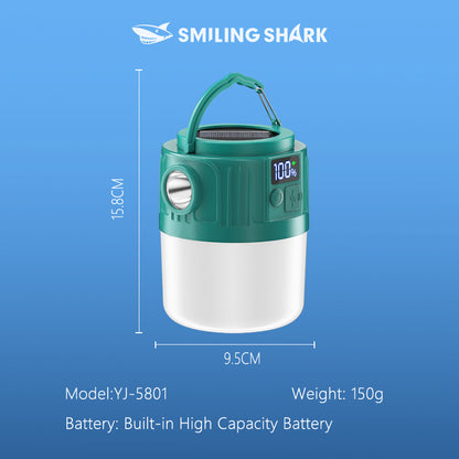 Smiling Shark YJ5801 Solar Led Camping Lantern USB Rechargeable Super Bright Digital Display, 6 Modes, USB Power Bank, Phone Charger with Remote Control