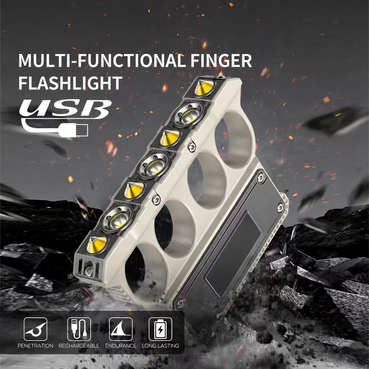 Smiling Shark TIP-156D Tactical Finger Flashlight, 3 Modes, Type-C Rechargeable Rainproof