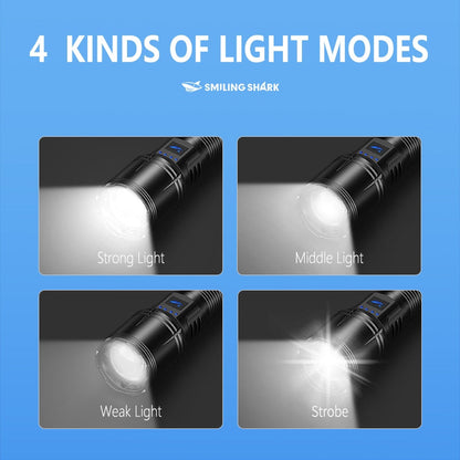 SmilingShark SD7171 Torch light Super Bright M60 6000lm Powerful Flashlight with Power Display 4modes Zoomable Type-C Rechargeable Waterproof for Camping Hiking Household
